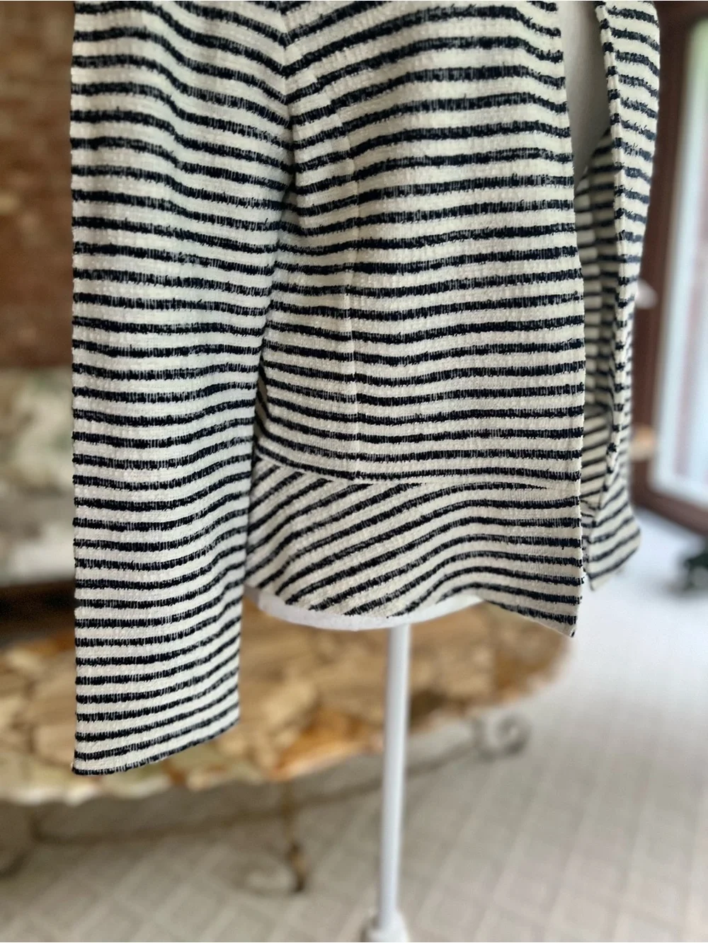 Loft Tweed Open Front Peplum Navy Blue Off White Stripe Blazer M Nautical Preppy
